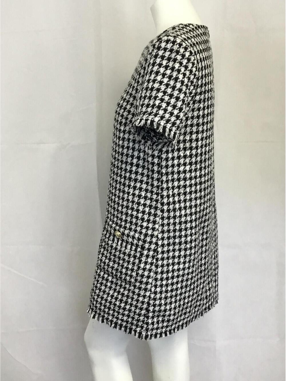 [356] H&M Dress Womens M Black White Houndstooth Tweed Short Shift Pockets - Picture 2 of 4
